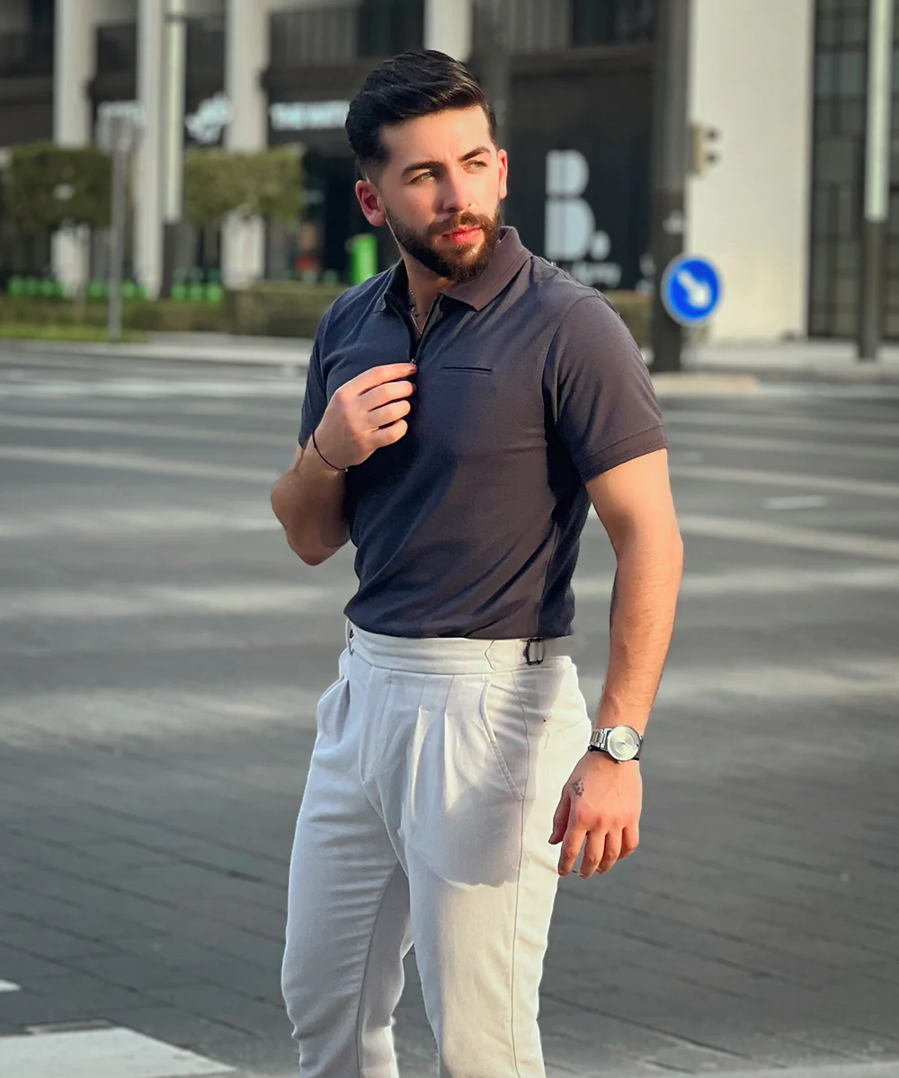 Sleek Silver Men Grey Polo Effortless Style with Bone Pocket