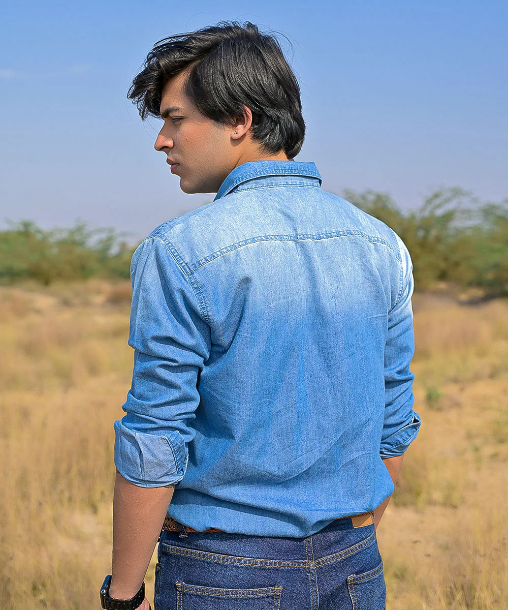Oversized Light Blue White-Washed Denim Shirt Unisex | El Denim Vol. 1: Highway | Weave Wardrobe - Image 5