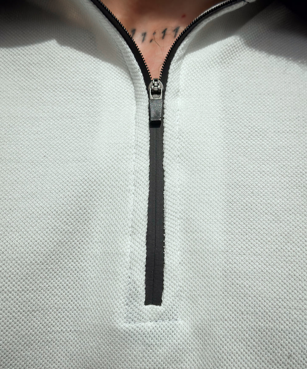 Timeless Fusion Men White Zipper Polo with Grey Striped Twill Tape - Image 4